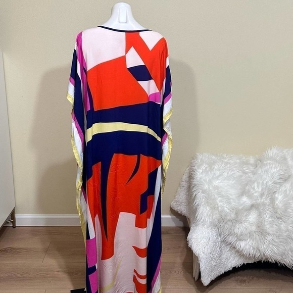 Multi color Geo Print Tie Neck Batwing Sleeve split oversize Cover Up kaftan - Picture 6 of 9